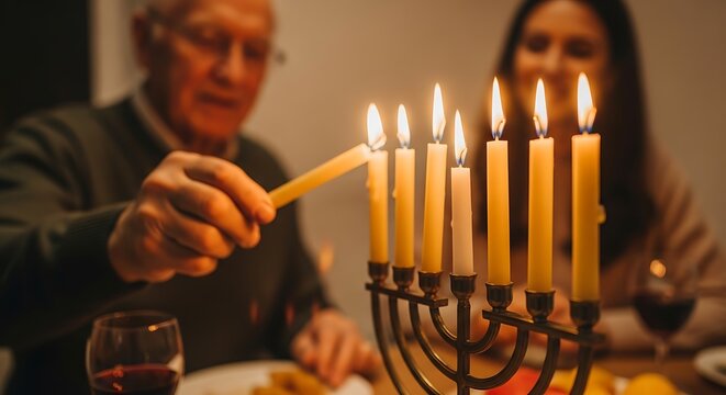 Senior man lighting hanukkah candles with his family at home during celebration