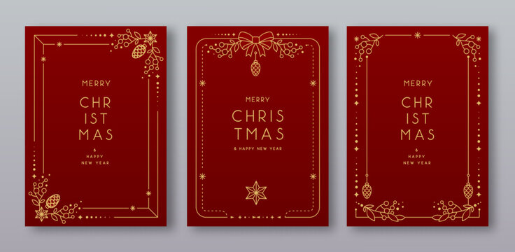 Set of modern Christmas frames or holiday greeting cards on red background. Line art vector illustration