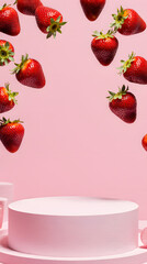 Floating strawberries above pink podium in playful, modern studio scene