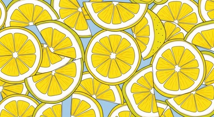 Seamless pattern of yellow lemon slices and wedges on a blue background. Refreshing citrus fruit design for summer and healthy food.