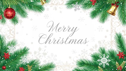 Christmas card design with fir branches and holiday tree ornaments, seasonal celebration