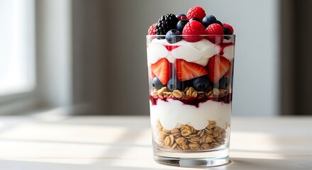 Delicious berry and granola parfait in a glass a healthy breakfast option full of vitamins