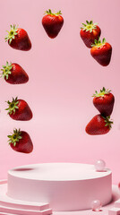 Floating strawberries above pink podium in playful, modern studio scene