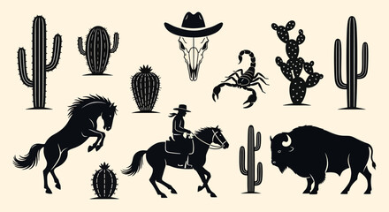 A collection of black silhouettes featuring iconic American West elements like cacti, a bison, and a cowboy.