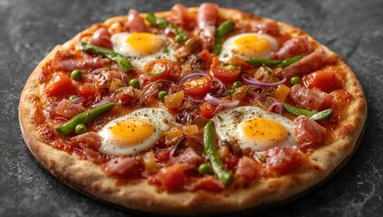 Classic Portuguese pizza featuring ham, eggs, peppers, and cheese, protein-rich meal