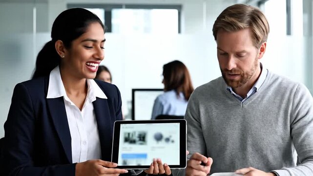 A focused sales representative is practicing a product demonstration on a tablet with her manager, receiving coaching and feedback in a modern office environment.