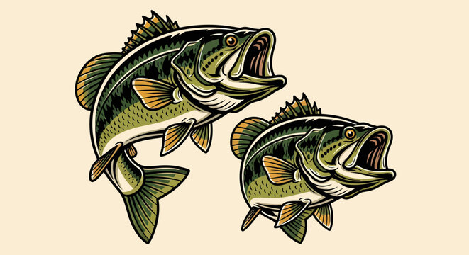 Two detailed illustrations of largemouth bass fish swimming with their mouths open against a plain background.