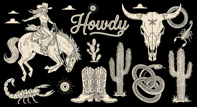 Vintage Western themed illustrations with cowgirl, horse, bull skull, cacti, boots, snake, and scorpions on black background.