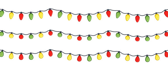 Fototapeta premium Horizontal Christmas Light Garlands Seamless Vector Border Set