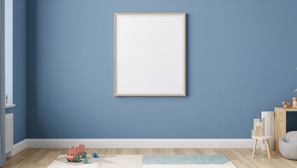 In a contemporary children's space, an empty horizontal frame is displayed on a blue wall, suitable for artwork or posters