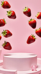 Floating strawberries above pink podium in playful, modern studio scene
