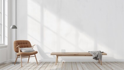Scandinavian and retro style wall mockup featuring an armchair and wooden bench against a rustic white backdrop, suitable for interior design presentations.