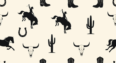 Seamless pattern featuring cowboy silhouettes, horses, cacti, boots, and bull skulls on a cream background.