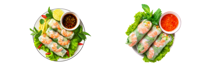 Delicious fresh spring rolls with dipping sauce restaurant setting food photography top view