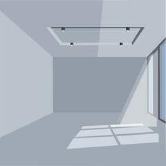 Empty room with modern lighting and large windows