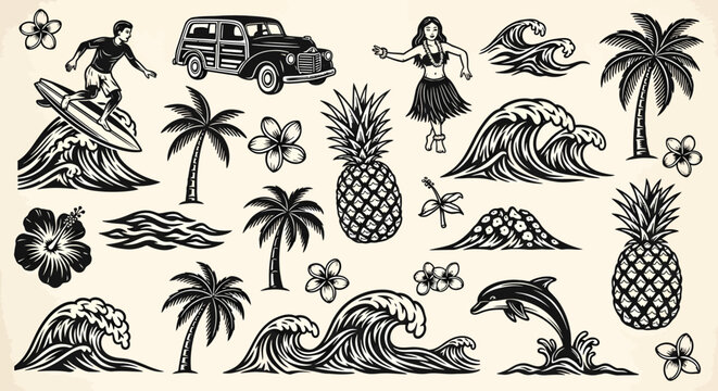 Vintage Hawaiian themed vector illustration with surfing, hula dancer, pineapple, waves, and palm trees.