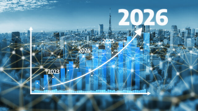Vibrant illustration of a futuristic city skyline with a yearly growth chart overlaid, depicting business progress and digital network connections in blue tones. Tessel - Powered by Adobe