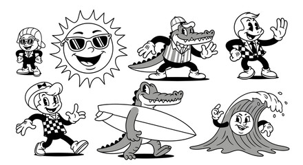 A collection of retro black and white cartoon characters featuring a smiling sun, boys in checkered outfits, alligators, and a surfing wave.
