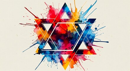 Photo of a vibrant watercolor splash painting of a star of david, symbolizing judaism and jewish identity, with a white background