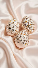 Luxurious jeweled eggs resting elegantly on soft, silky fabric