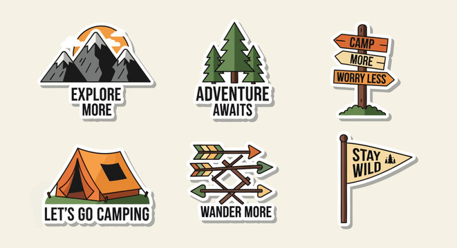 Collection of camping and outdoor adventure themed stickers with motivational quotes and illustrations.