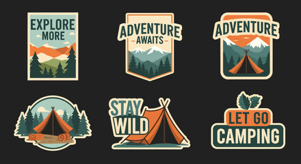 Collection of six vintage-style outdoor adventure and camping badges featuring tents, mountains, and forests.