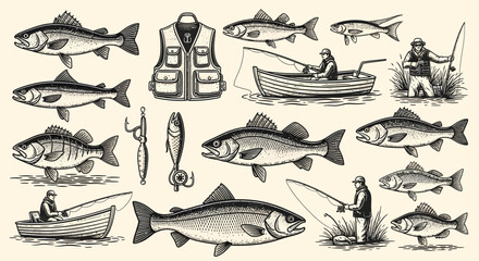 An illustration showcasing various fish, fishing equipment, and people engaged in angling activities.