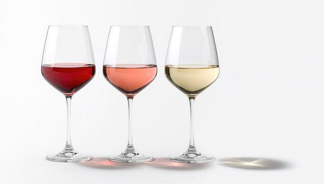 Three glasses of red, rose, and white wine isolated on a white background, suitable for a wine menu design