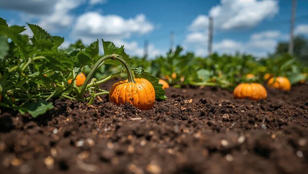 Pumpkin Plants Thriving Under Sunlight in a Compost Pit, seasonal growth