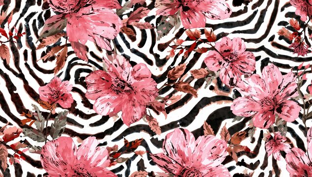 Abstract floral pattern featuring zebra stripes and leopard skin print in watercolor texture, artistic backdrop for fabric and gift wrapping
