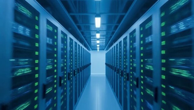 A long corridor of server racks in a data center with blue lighting