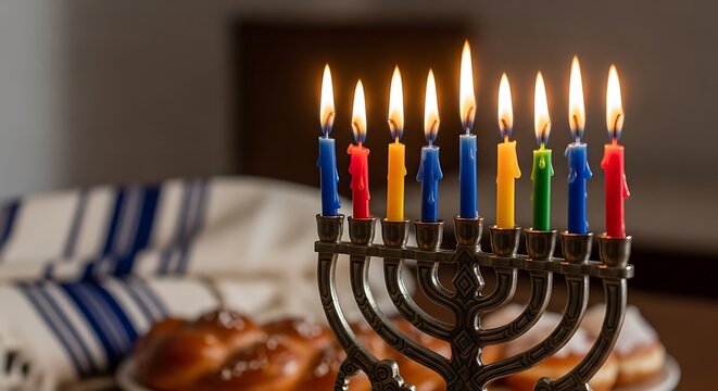 Hanukkah menorah with burning candles and challah bread on the table