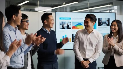 Successful business meeting with asian colleagues clapping and celebrating a presentation. Smooth pan captures their joyful expressions and blurred slideshow with charts.