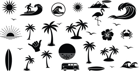Fototapeta premium Tropical beach sunset and surf elements silhouette collection for summer design