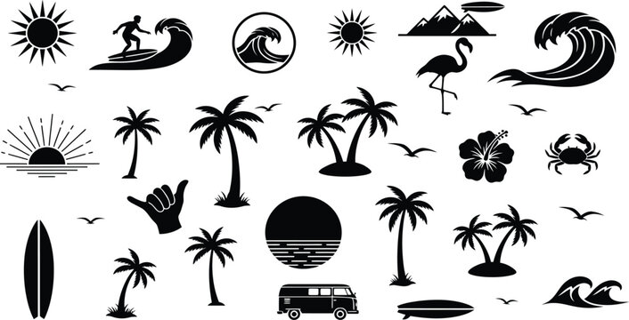 Tropical beach sunset and surf elements silhouette collection for summer design