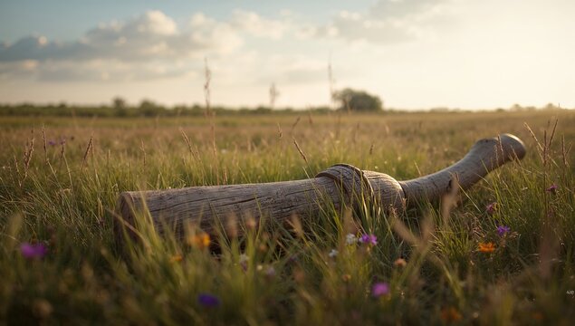 Mysterious staff resting in an open field, exploration theme