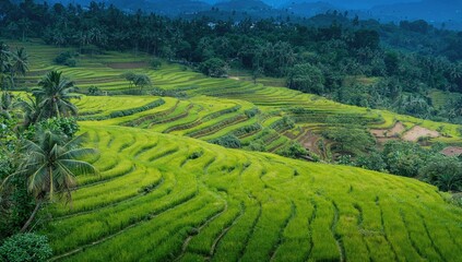 Terraced rice fields in Bali, showcasing agricultural practices and tropical landscape, Earth Day