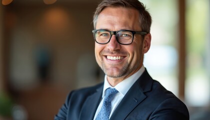Smiling businessman in suit wearing glasses looks at the camera. Pro man in office environment smiling. Portrait of confident executive posing for photo. Positive leader.