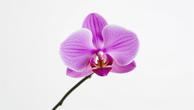 Close-up of a vibrant pink and purple Dendrobium orchid flower branch against a white background, ideal for floral design