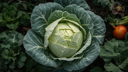 White cabbage leaves in a kitchen garden, fiber-dense choice