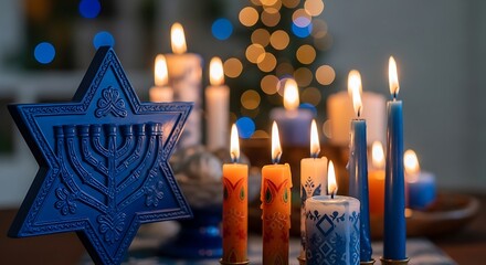 Hanukkah menorah and star of david with candles burning in the background