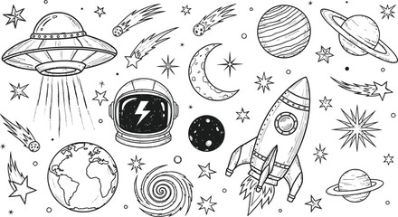 Hand drawn space elements including planets rockets astronauts and ufos © Mst.China Khatun