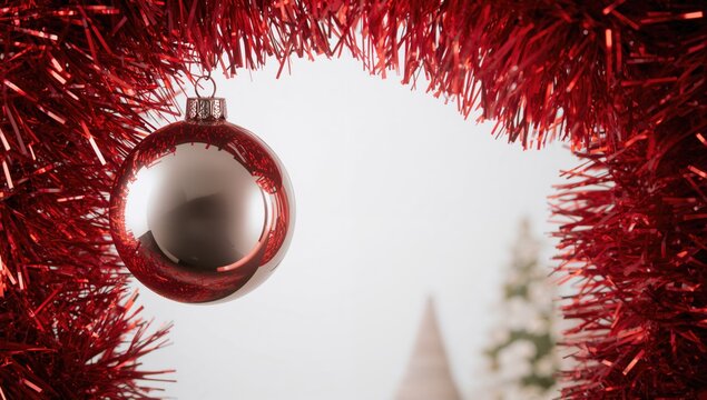 Silver Christmas ornament surrounded by red tinsel, holiday decor theme
