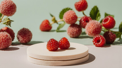 Frosted raspberries displayed on minimalist podium with soft natural lighting