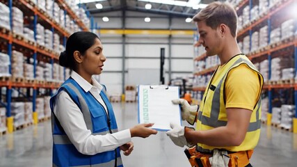 Female supervisor with a checklist greets a male warehouse worker at the start of a shift. A productive morning briefing in a modern logistics and distribution center. - Powered by Adobe