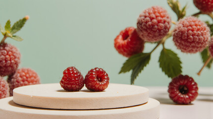 Frosted raspberries displayed on minimalist podium with soft natural lighting