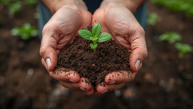 Seedlings emerging from rich soil, safeguarding agricultural practices, World Soil Day - Powered by Adobe