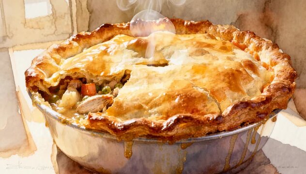 Hot savory chicken pot pie with flaky golden crust filled with vegetables and tender chicken in a ceramic dish, steaming and fresh out of the oven