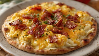 Flatbread topped with scrambled eggs, cheese, and bacon, protein-rich meal