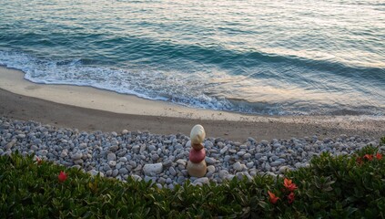 White and red stones harmoniously placed on the beach, erosion risk